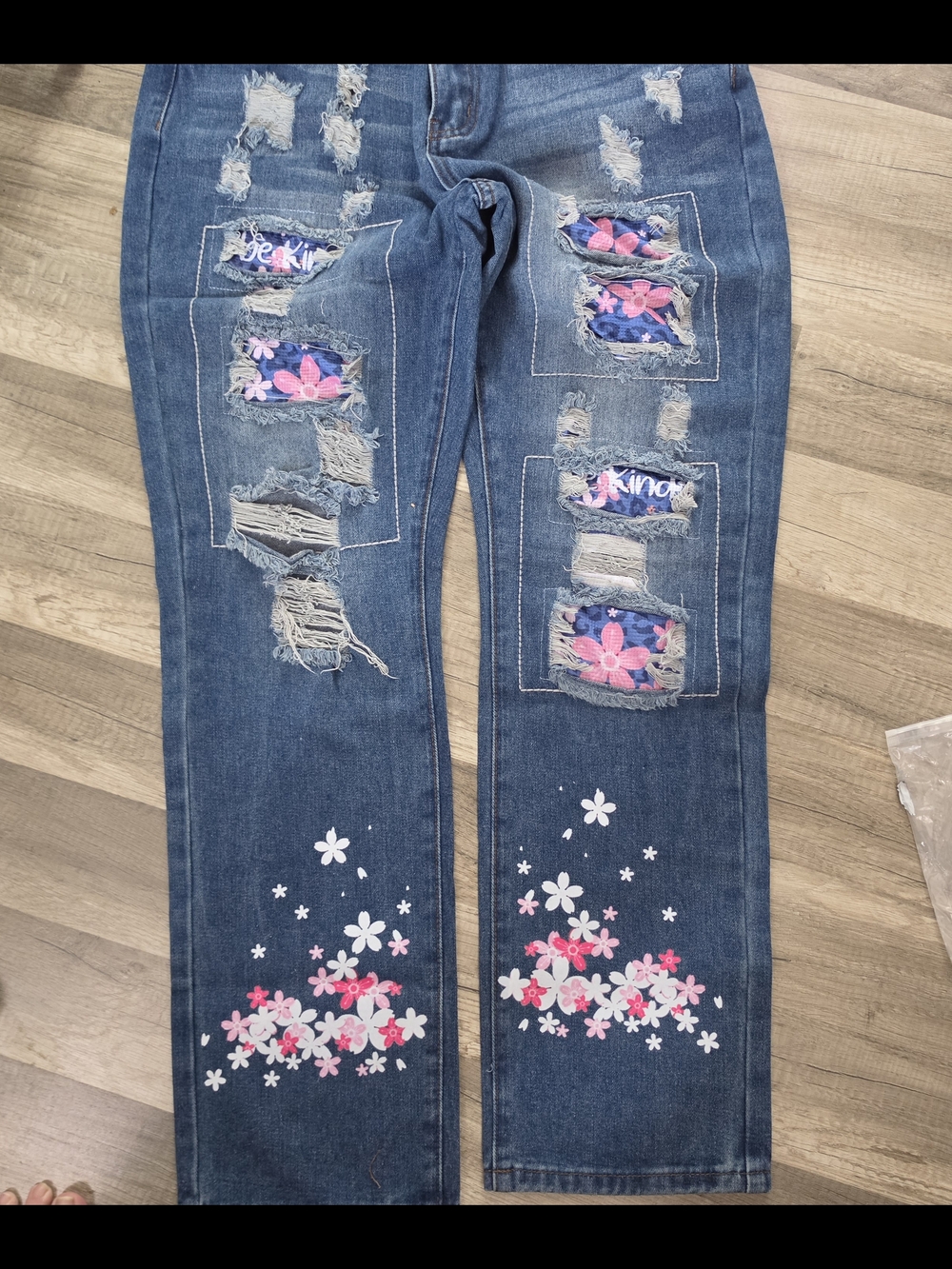 SHEIN Blue Straight-Leg Jeans with Pink & White Floral Accents
